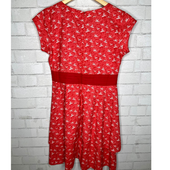 Anthropologie M ORIGAMI BIRD Print Short Sleeve Fit & Flare Ruffle Dress Red - Picture 2 of 4